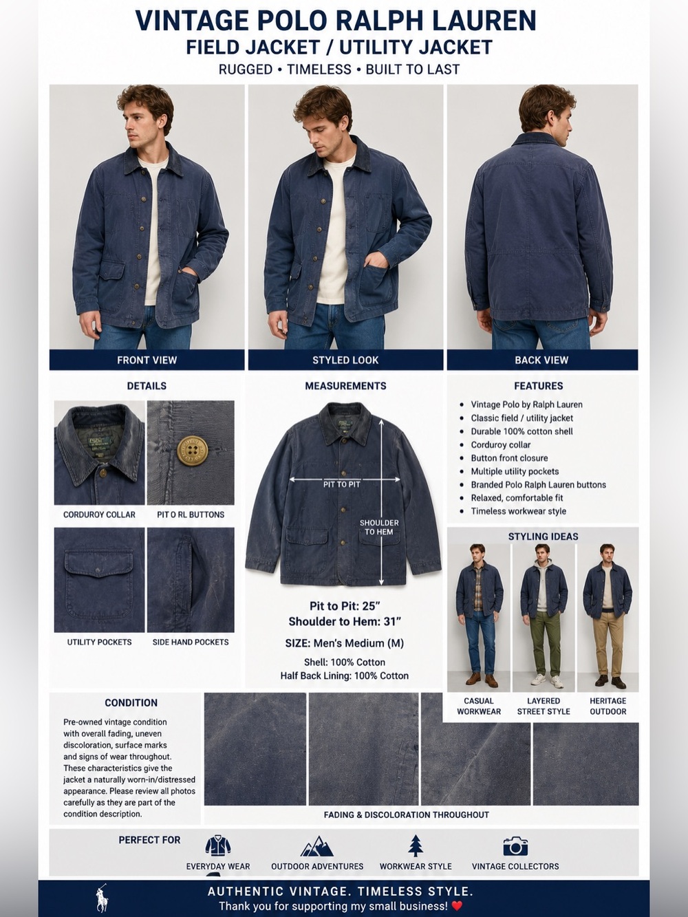 Vintage Polo Ralph Lauren Field Jacket Men M Navy Blue Corduroy Collar Workwear